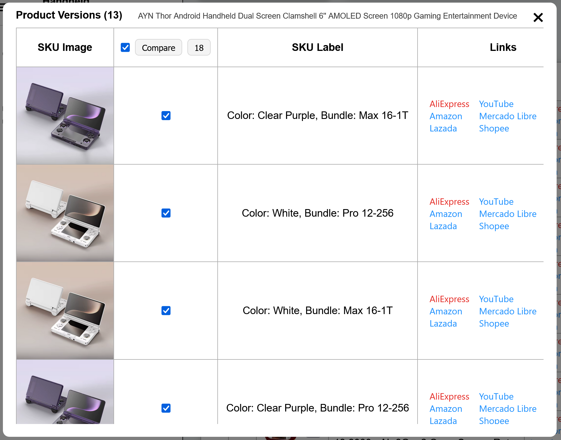 SKU table with selected variants for comparison