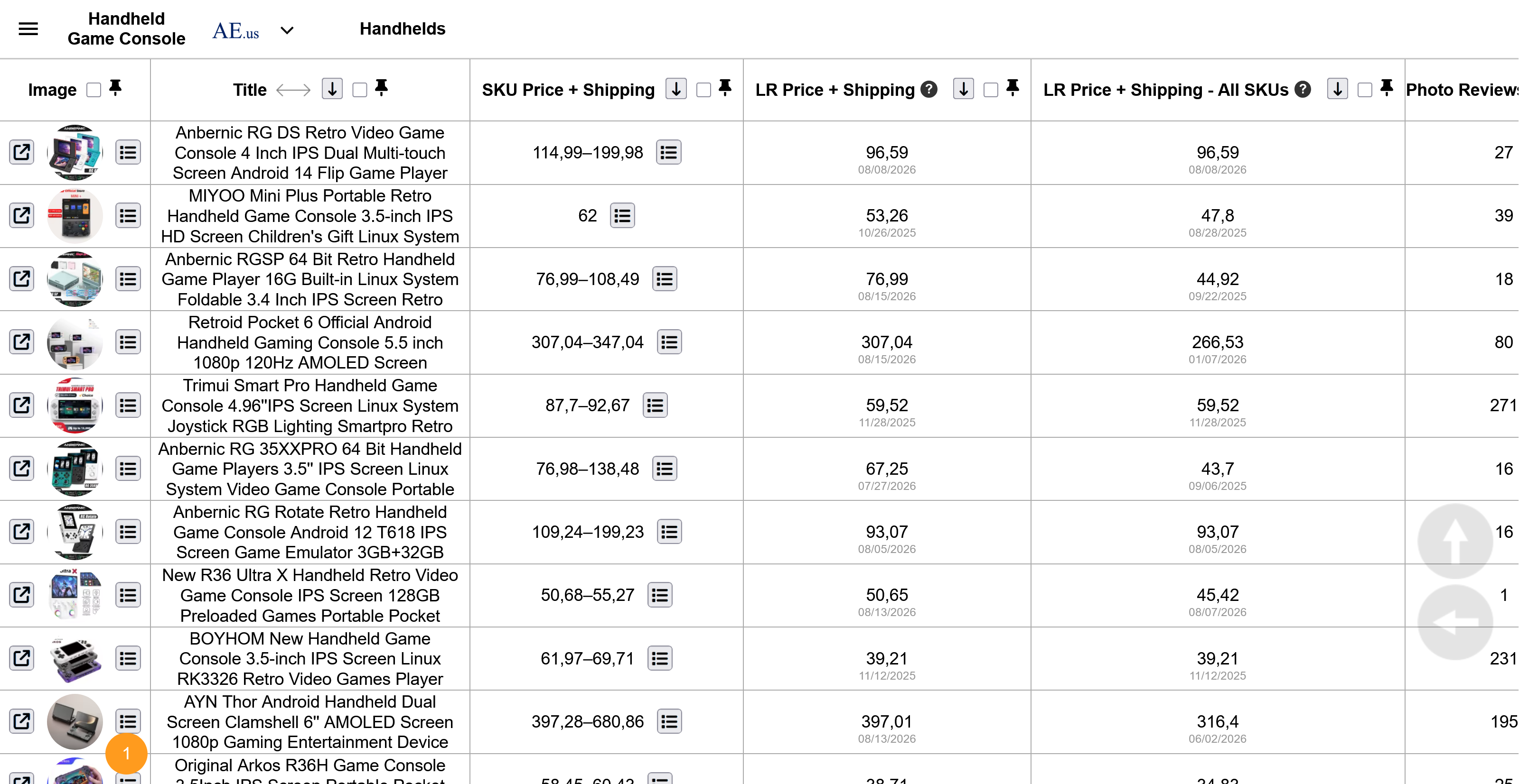 Lowest Recorded Price plus Shipping columns in HandheldGameConsole.com search results
